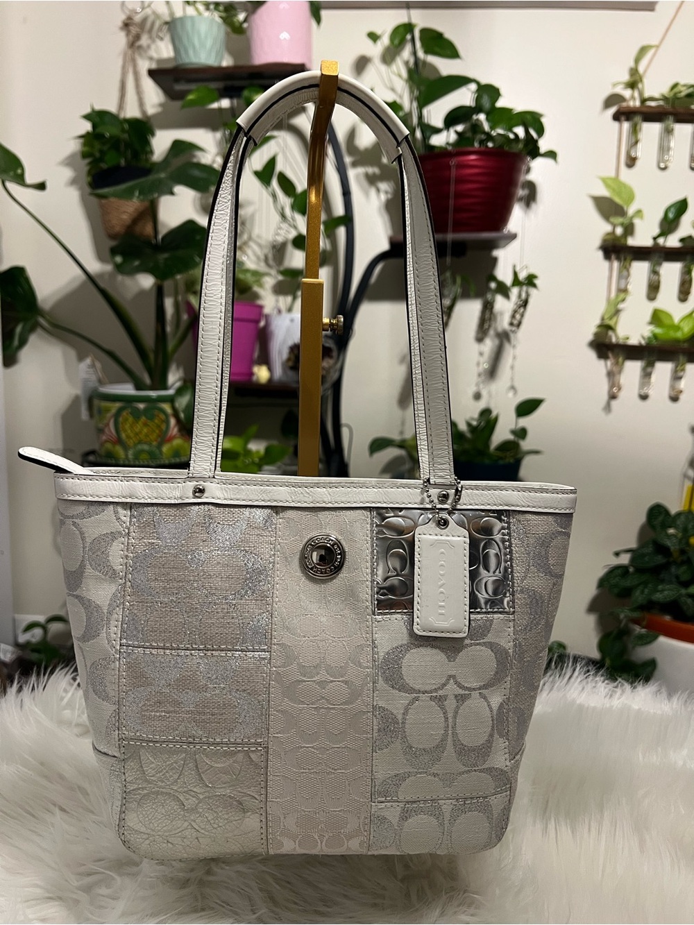 Mini Coach Ivory Signature Patchwork Tote with Leather Trim